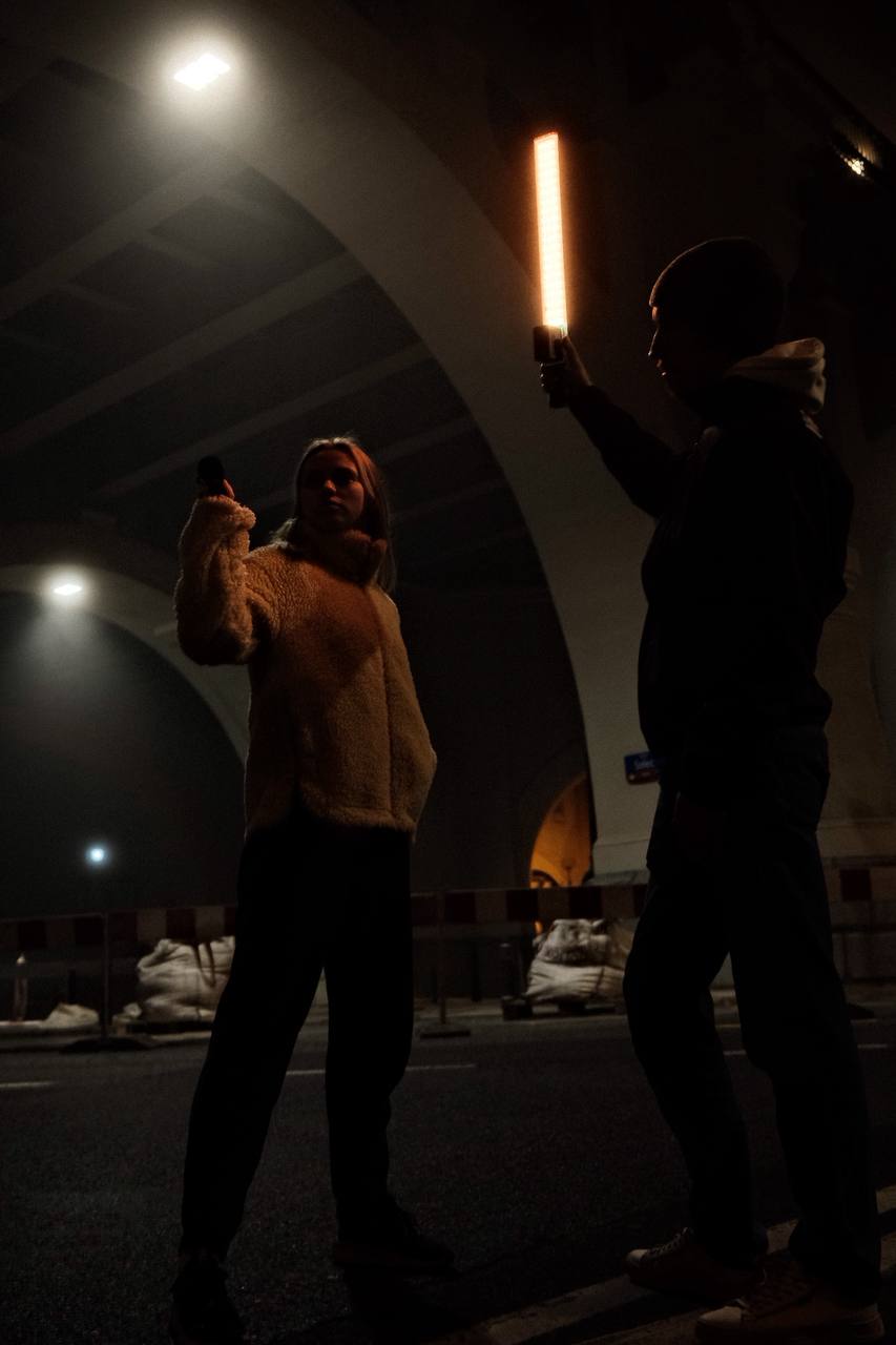 Behind the scenes — night shoot lit by a hand-held light wand